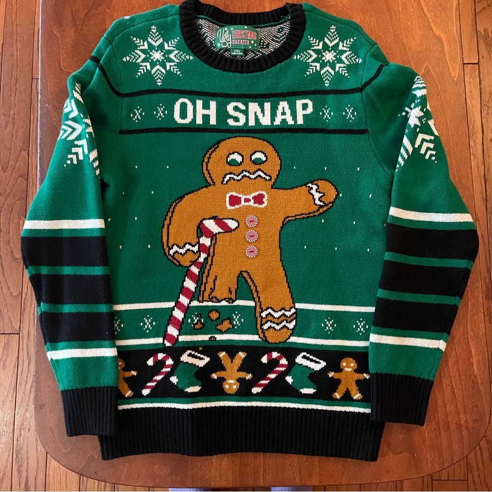 Ugly Christmas Sweater Green 'Oh Snap' Gingerbread Crewneck